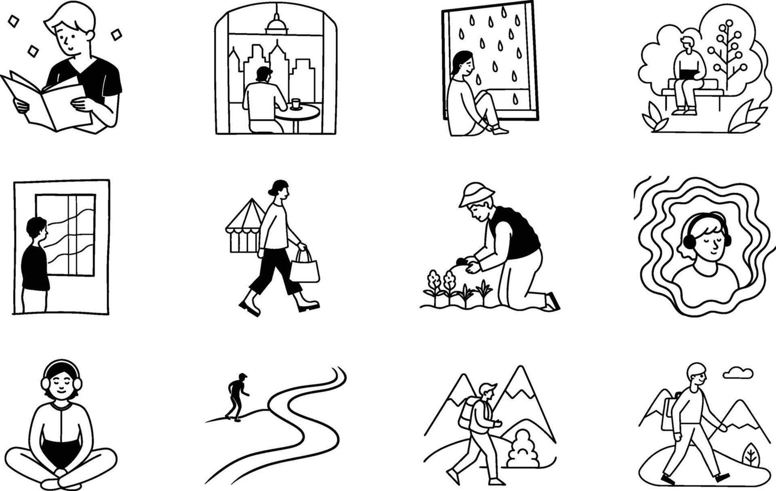 Daily Life Activities Reading, City Views, Rain, Gardening, Music vector