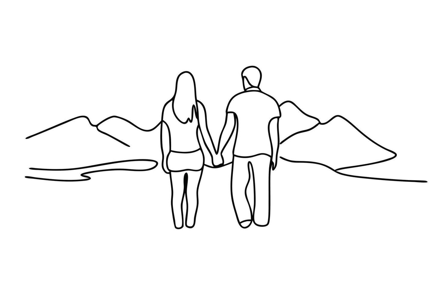 Couple Holding Hands, Mountain Landscape, OneLine Drawing, Scenic View, Romantic Getaway, Natures Be vector