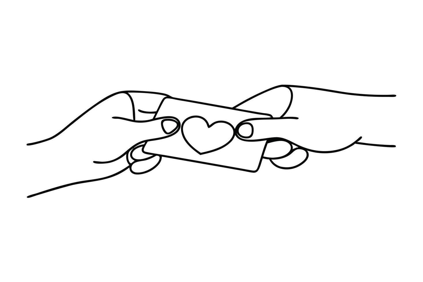 Hands exchanging love message, heart card, romantic gesture, simple line art vector