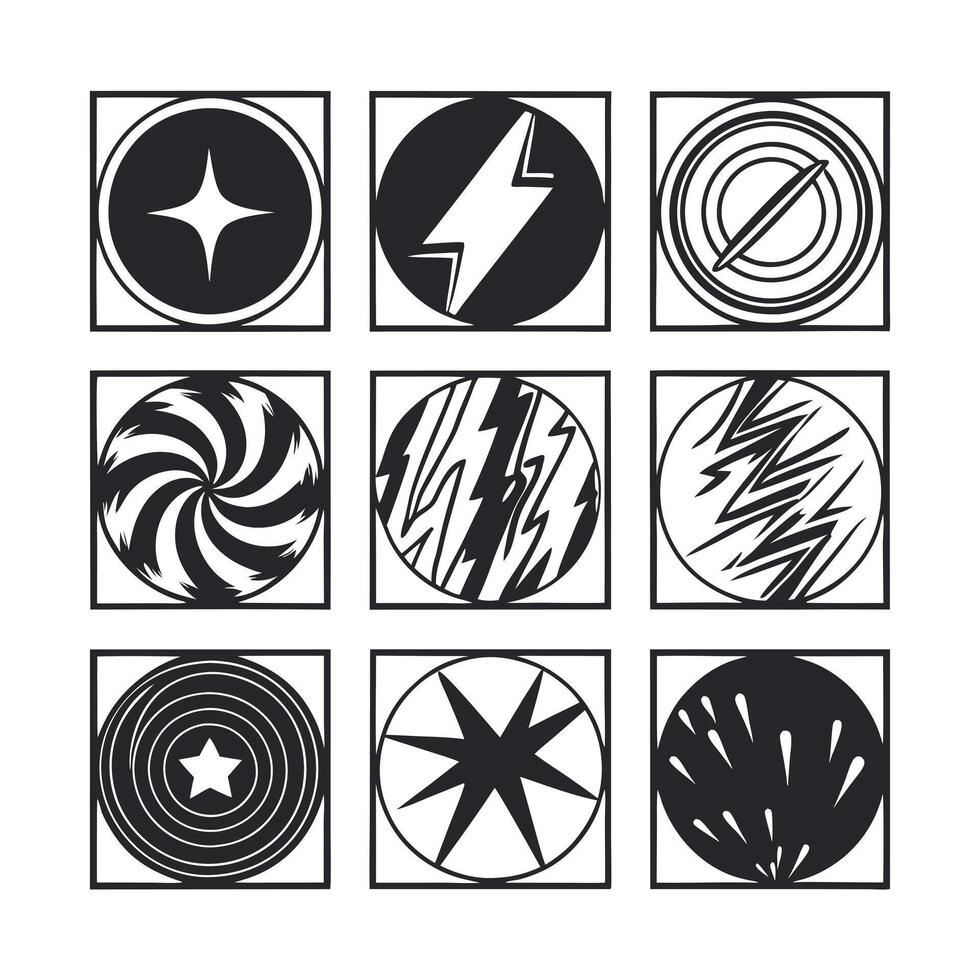 Nine Abstract Circular Designs Geometric Shapes, Stars, and Lightning Bolts vector