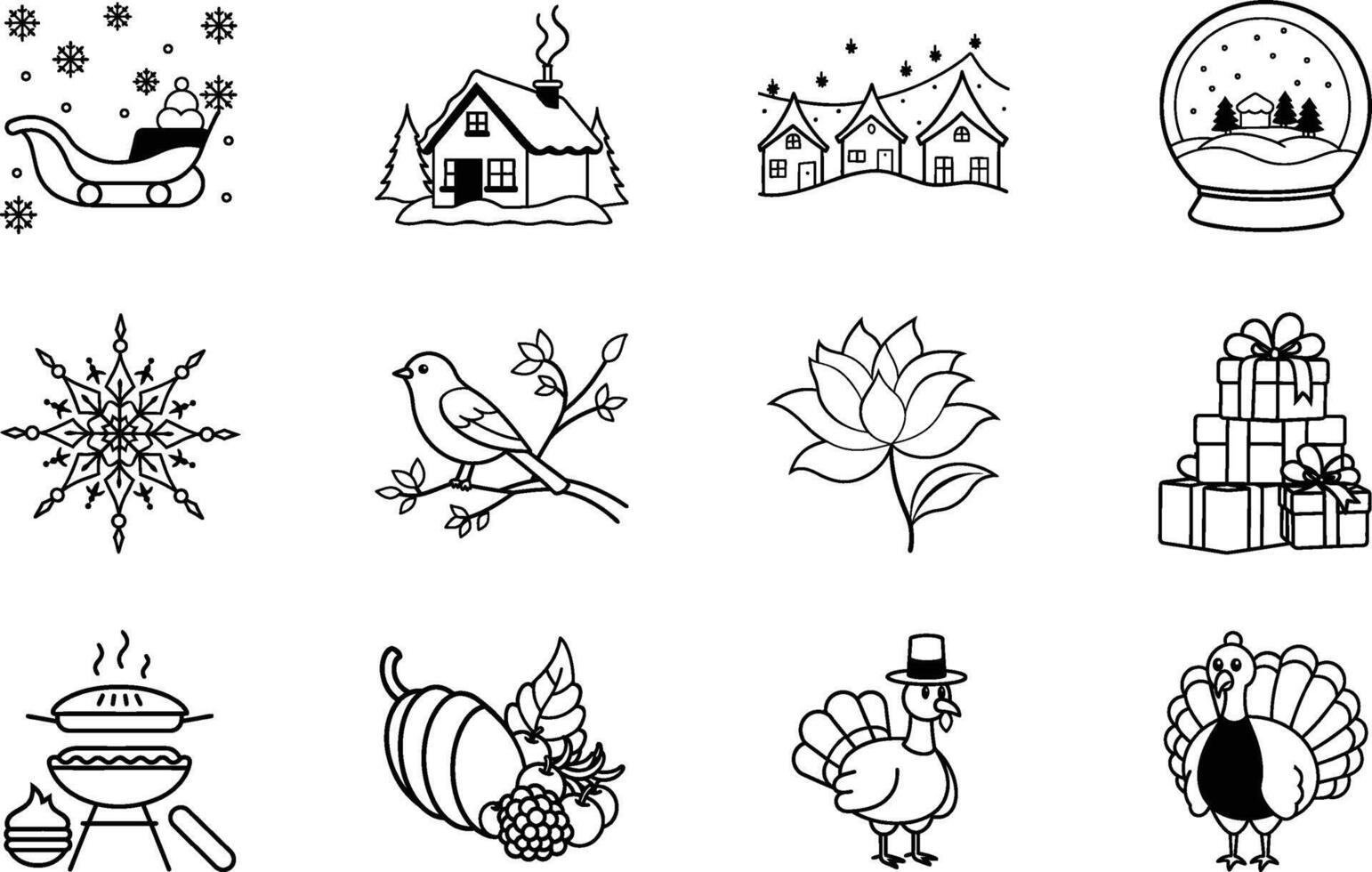 Winter Holidays, Thanksgiving, and Autumn Festive Line Art Icons vector