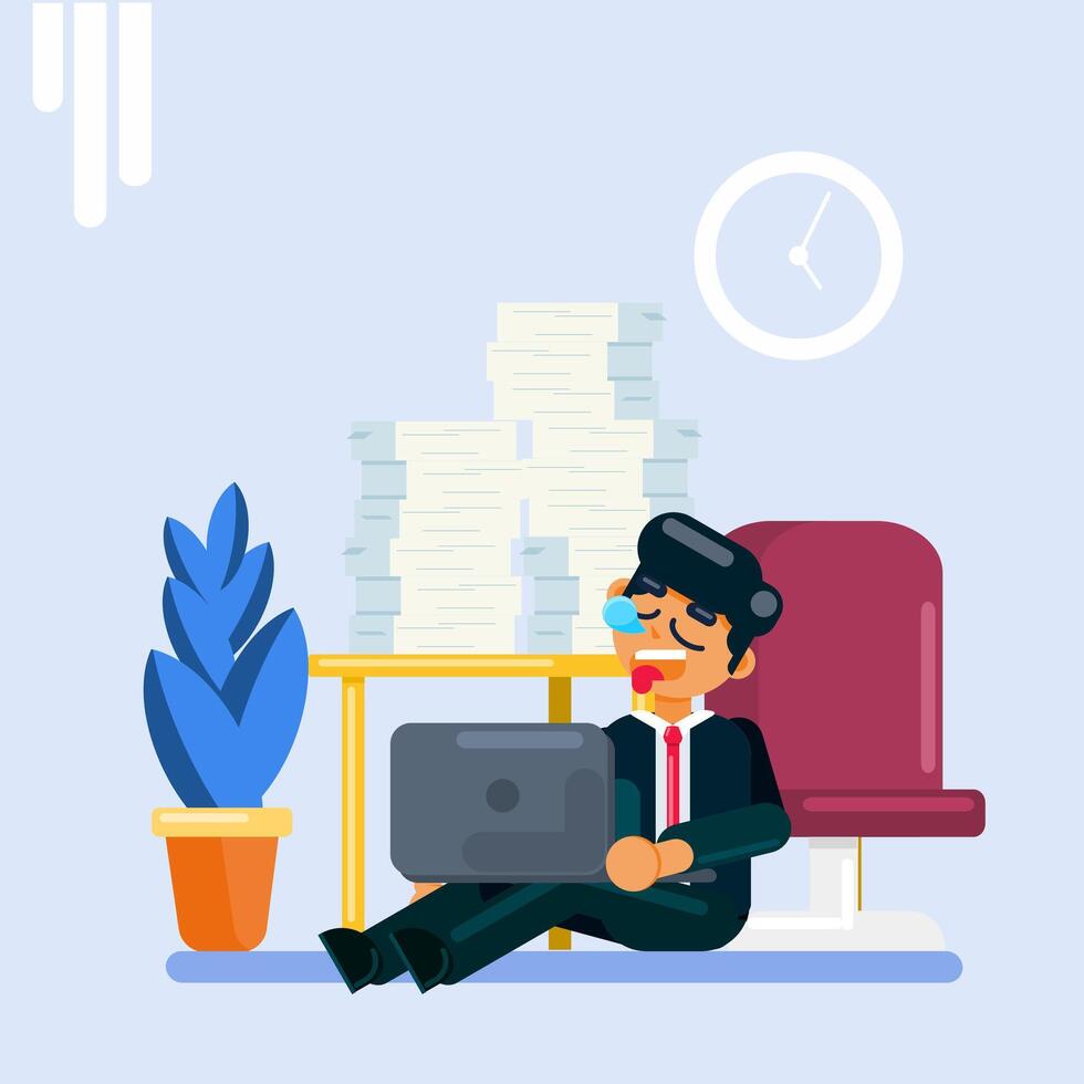 Overworked Businessman Slumping at Desk Flat Illustration vector