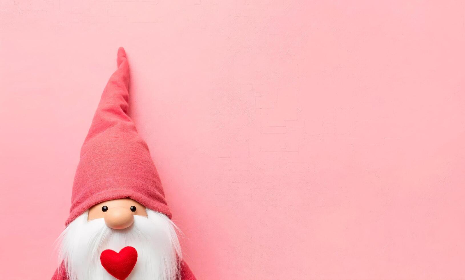 Garden gnome with red heart on pink background with copy space photo