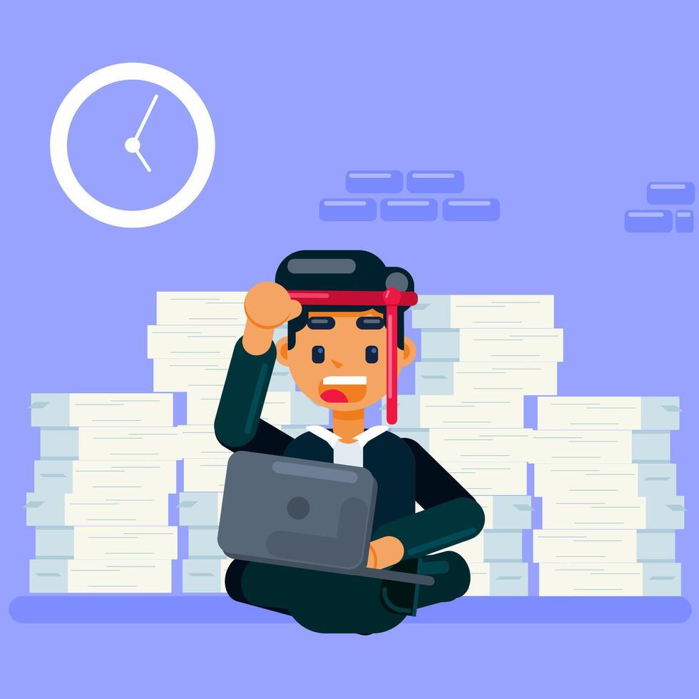Deadline Stress - Overworked Businessman with Piles of Documents Flat Illustration vector