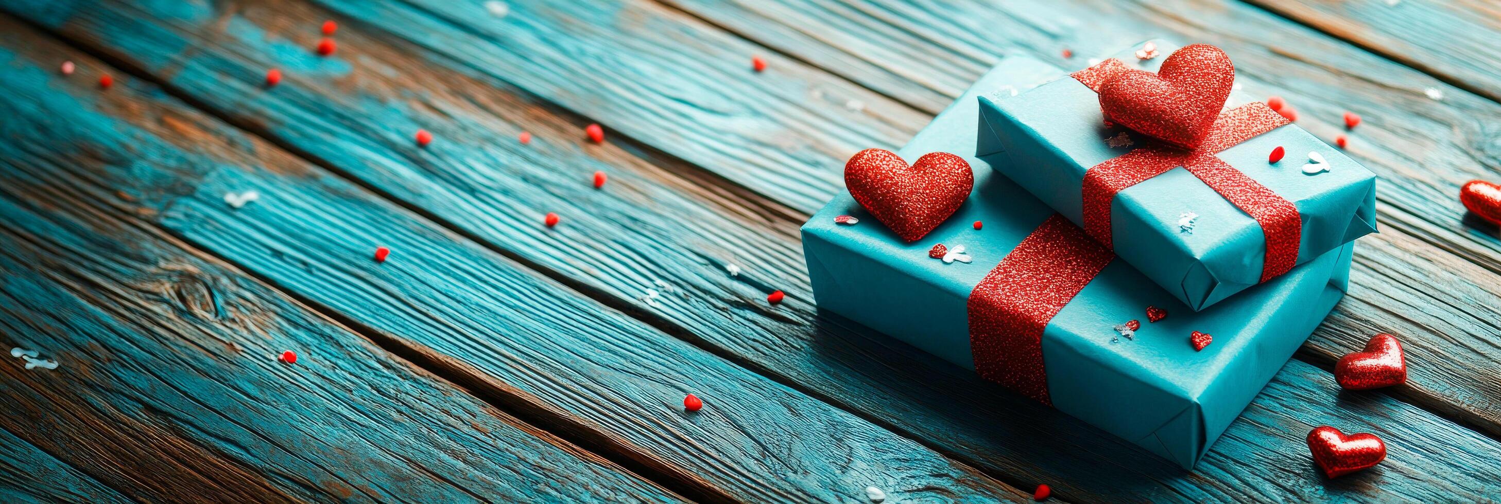 Gift boxes with hearts on blue wooden background. Valentine's day concept with copy space for text photo