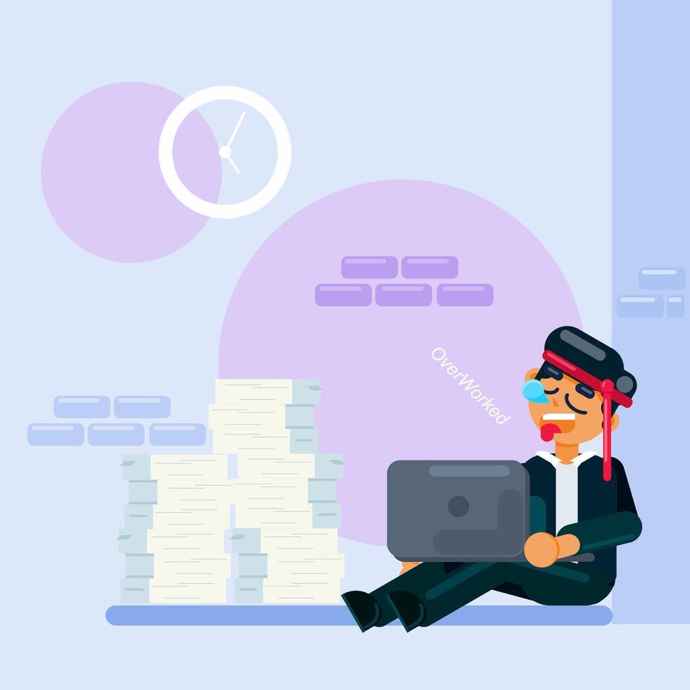 Overworked and Exhausted Businessman Flat Illustration vector