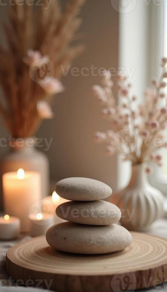 Stack of spa stones on wooden stand, burning candles and flowers on background photo