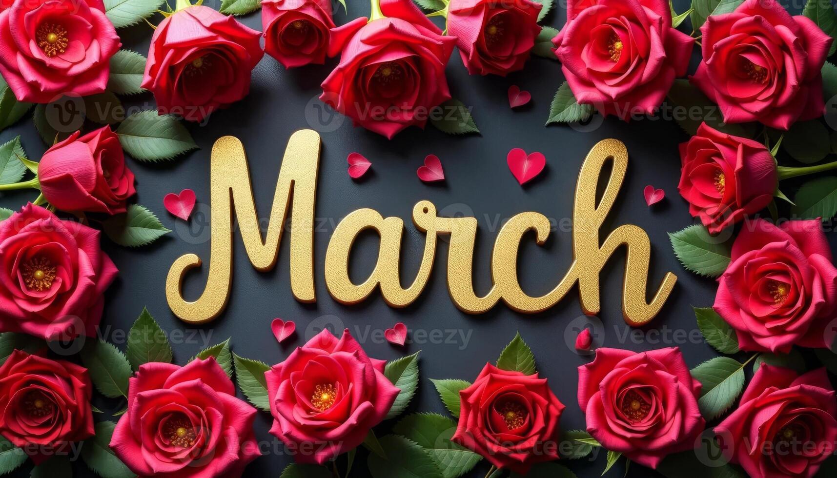 Red roses on a black background with the word March. Top view on dark background photo