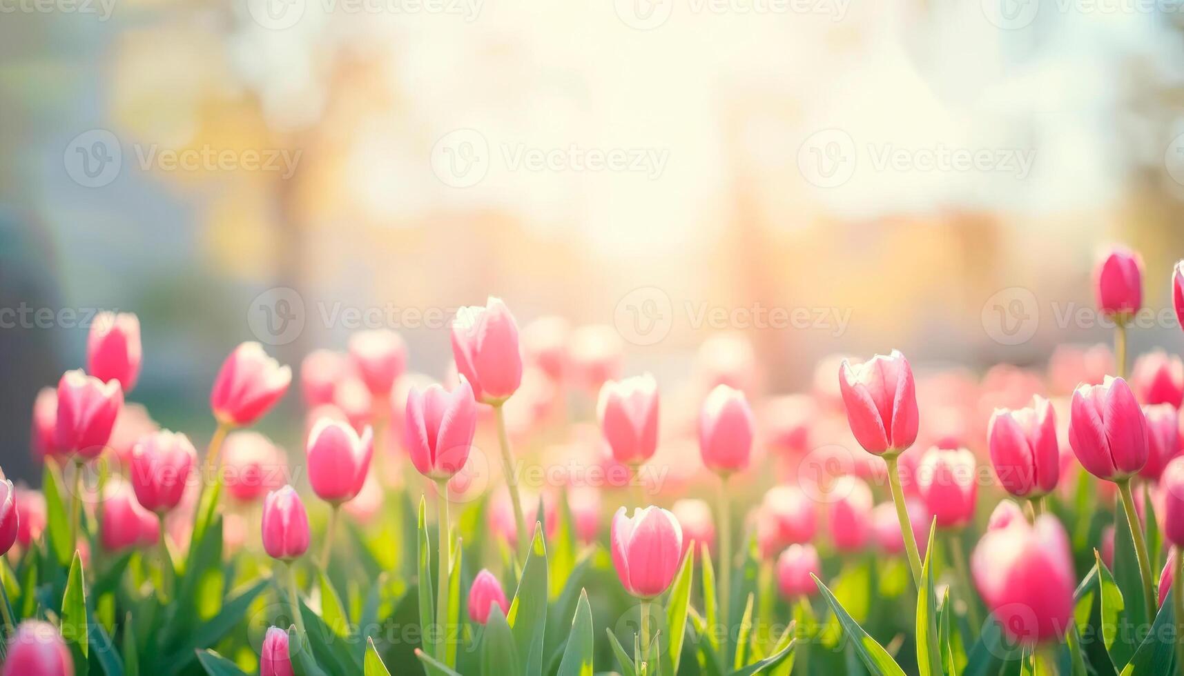 Beautiful bouquet of tulips in spring sunny field with space for text photo