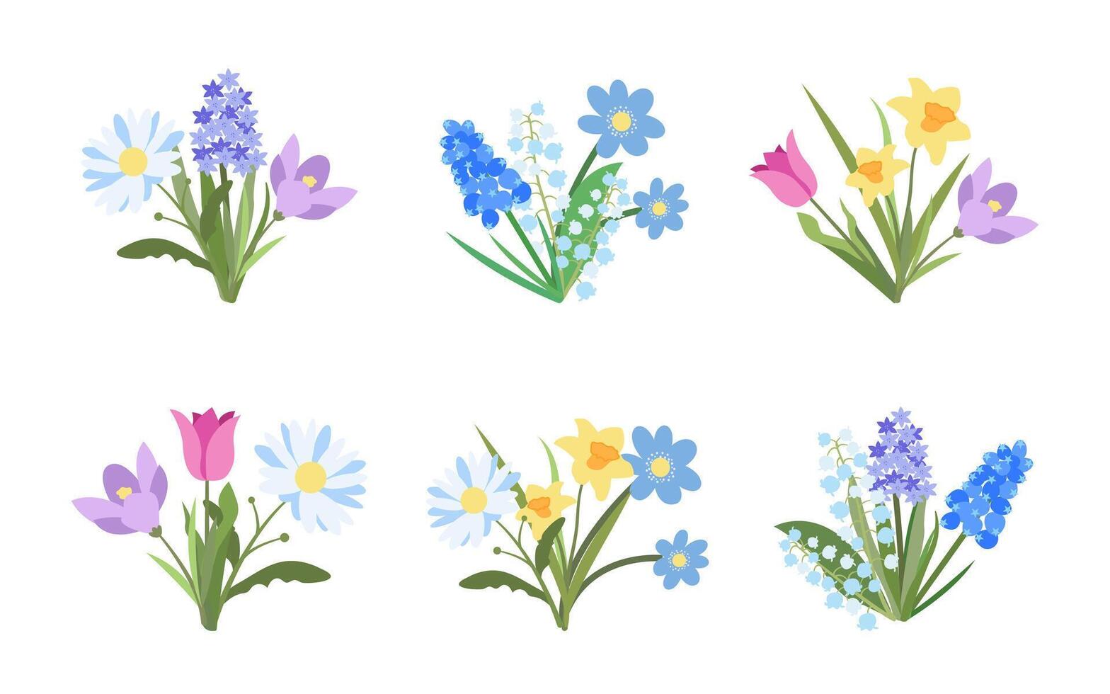 Spring Flowers Bouquet Set. Summer Flowers Collection with Leaves, Branches, Petals. Spring Flat Floral Plants. Cute Modern Botanical Elements Isolated on White Background. Flat Blossom. vector