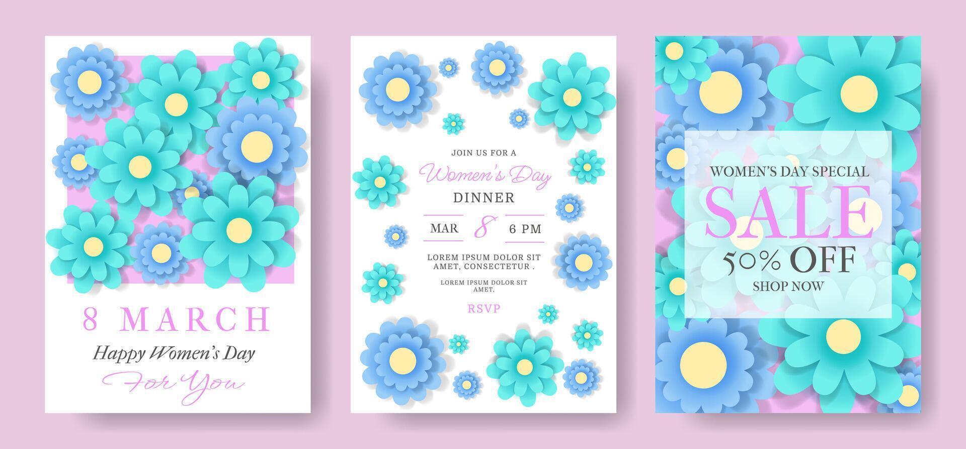 Women's Day Cards Set. Banners with Paper cut Colorful Flowers. 8 March International Holiday Templates for Invitation, Party Poster, Cover, Label, Sales. Modern Poster with Trendy Typography. vector