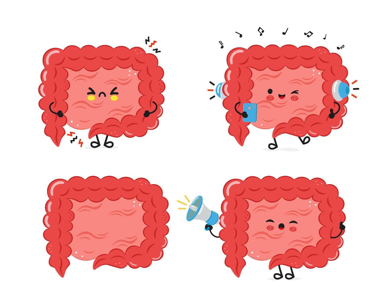 Cartoon Intestines with various expressions and activities vector