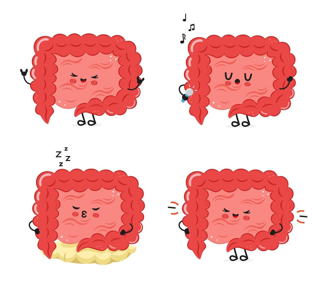 Cartoon Intestines with various emotions on white background vector