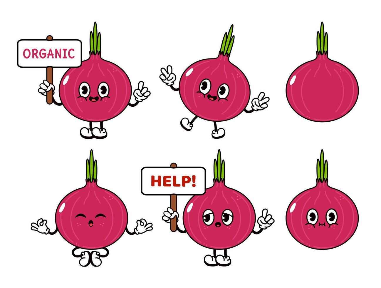 Funny cute Red onion characters bundle set. hand drawn doodle style traditional cartoon vintage, retro character illustration design. Isolated white background. Happy Red onion vector