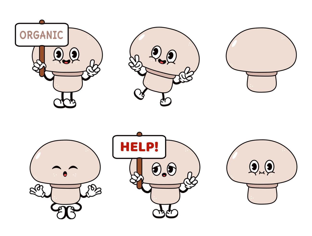 Funny cute Mushroom characters bundle set. hand drawn doodle style traditional cartoon vintage, retro character illustration design. Isolated white background. Happy Mushroom vector