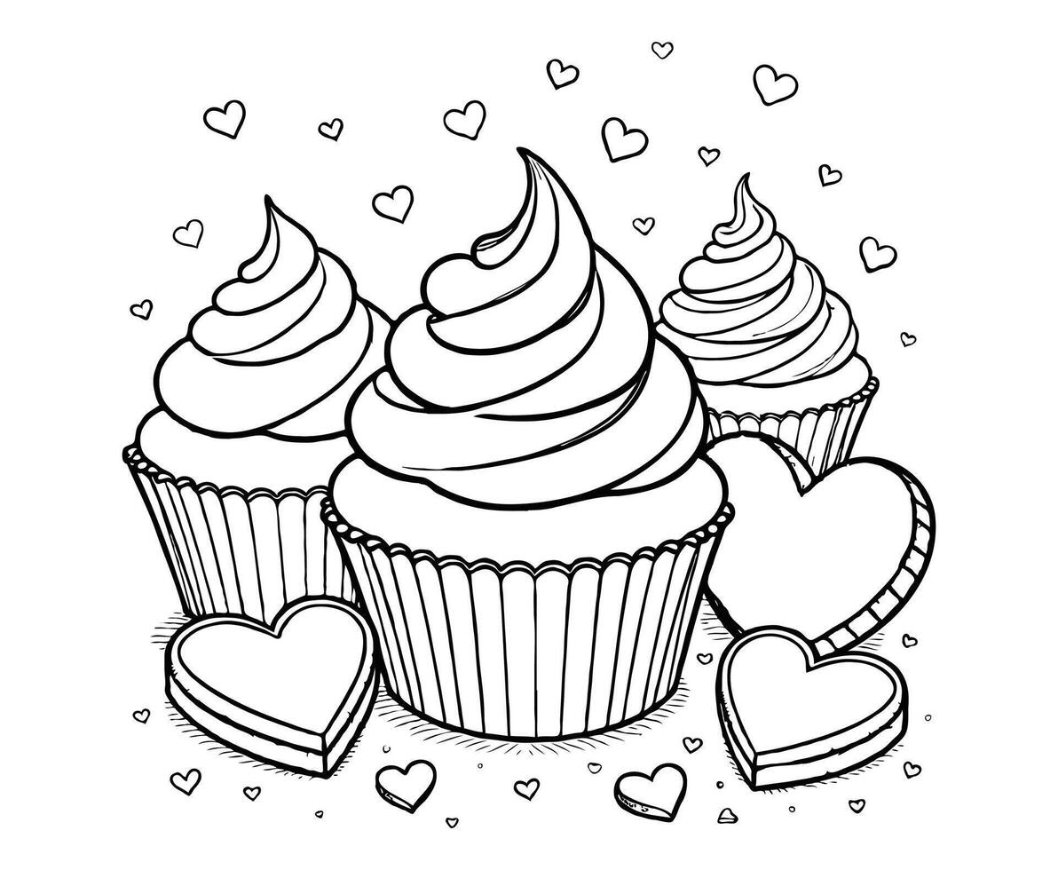 cupcakes, heart-shaped coloring page vector