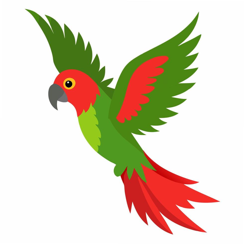 cartoon bird Amazon parrot green red color in flight .Colorful exotic parrot. Isolated on white background. Side view. vector