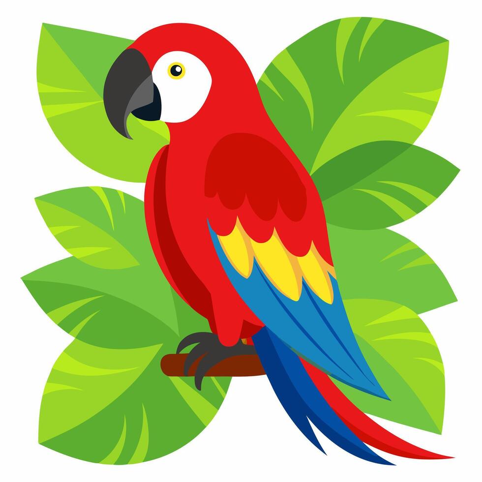 Cartoon Amazon macaw parrot red color sits a branch on a background of green leaves.Cute talking domestic bird. vector