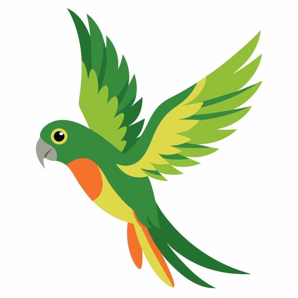 cartoon bird Amazon parrot green color in flight .Colorful exotic parrot. Side view. Isolated on white background. vector