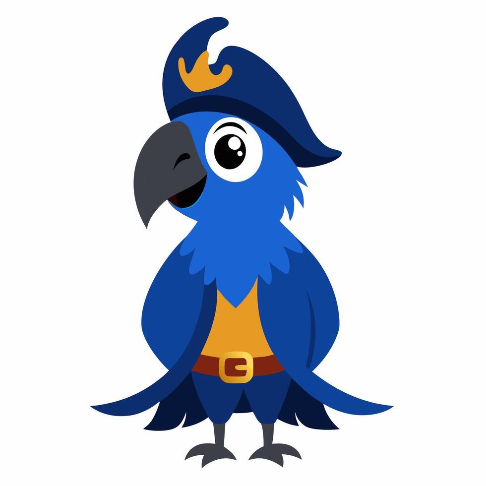 cartoon bird Amazon parrot blue color in clothes. Colorful exotic parrot in pirate style.Suitable for education poster infographic guide catalog, children's books. Isolated on white background. vector