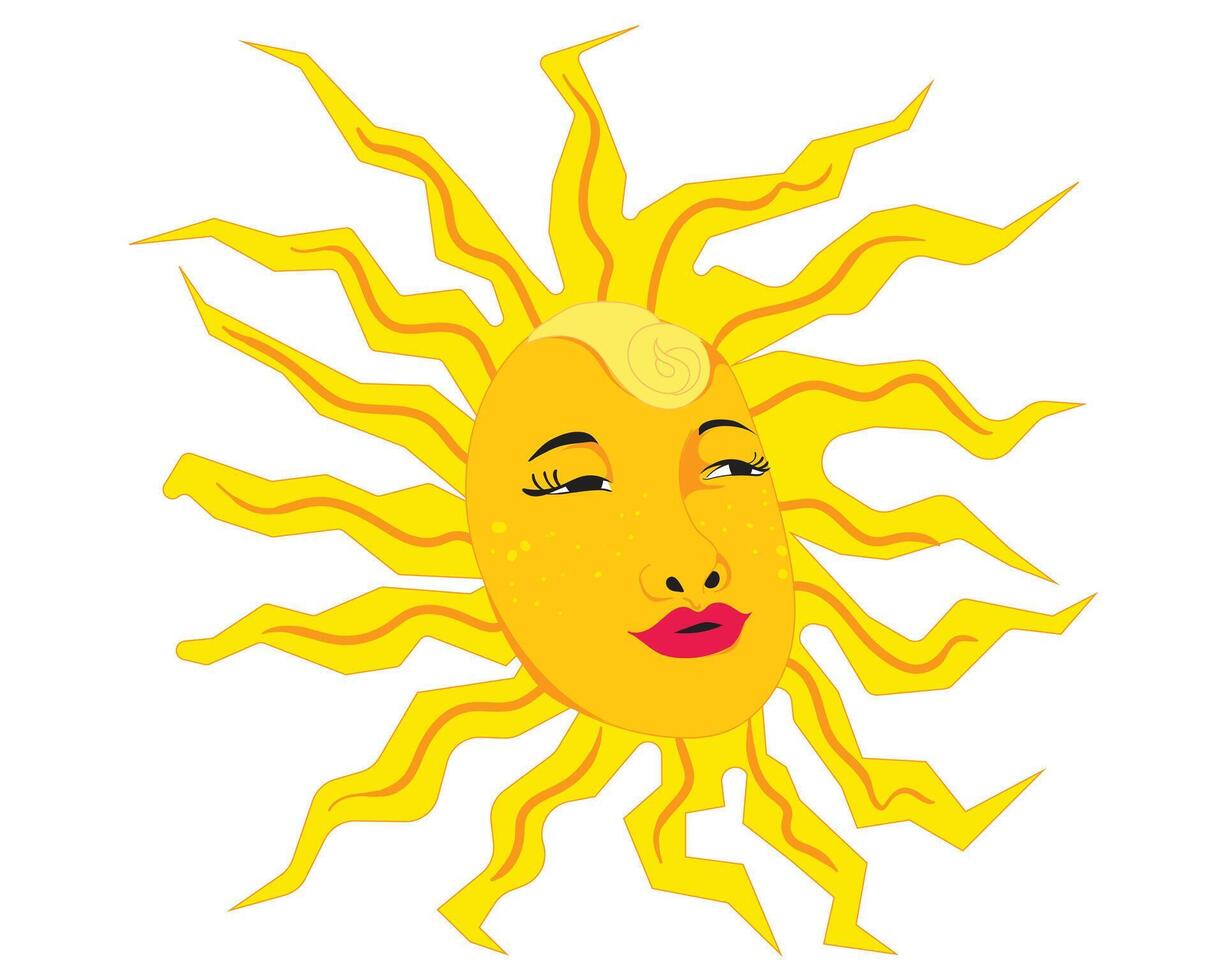 Radiant sun with a beautiful girl's face at its center, shining warmly with a celestial glow. vector