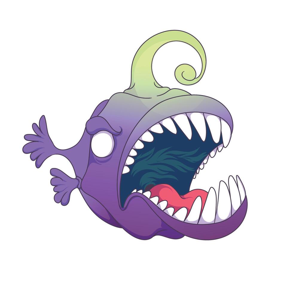 A cute anglerfish with a big smile and glowing lure, drawn in a fun and viral art style. vector