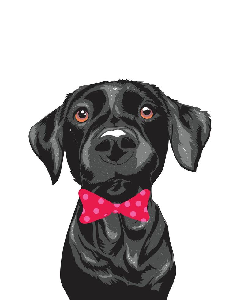 Adorable black dog close-up with a red polka dot bow tie, charming and playful pet illustration. vector