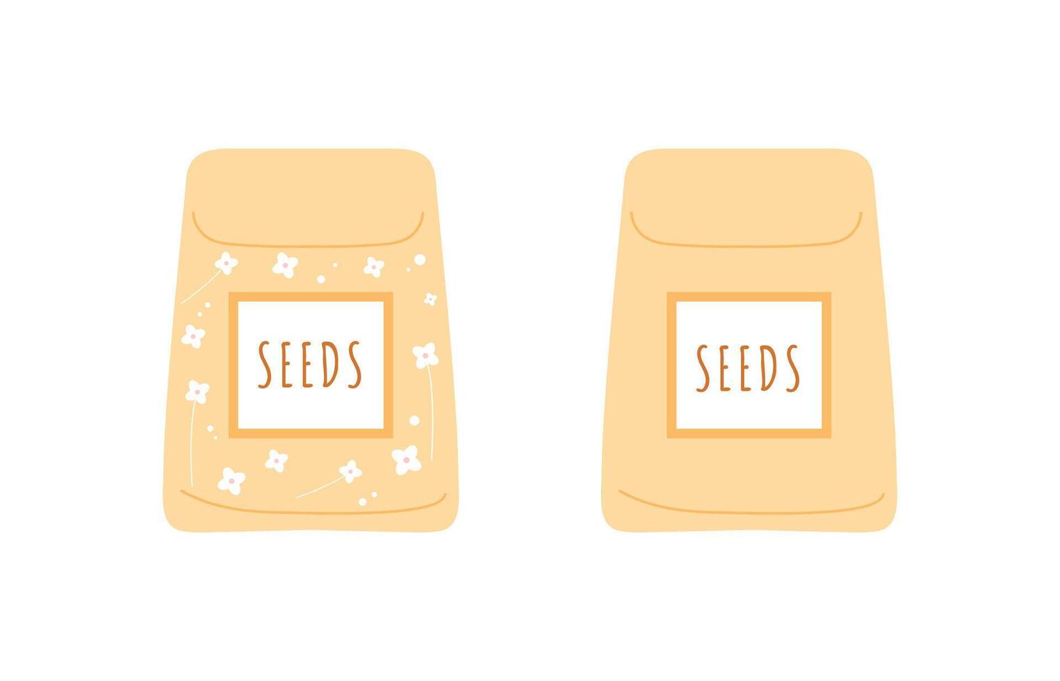 Set of seeds packages isolated on white background. Flowers seeds package. Hand drawn flat cartoon illustration vector