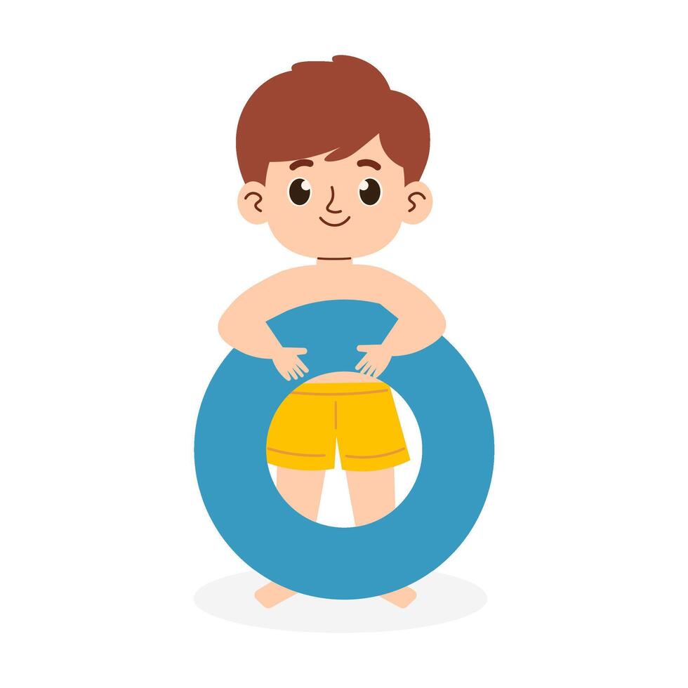 cute boy with a swimming circle, summer vacation, illustration. vector