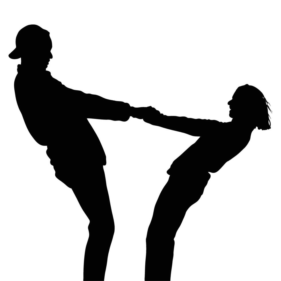 Silhouettes of two people playfully interacting, hands clasped. vector