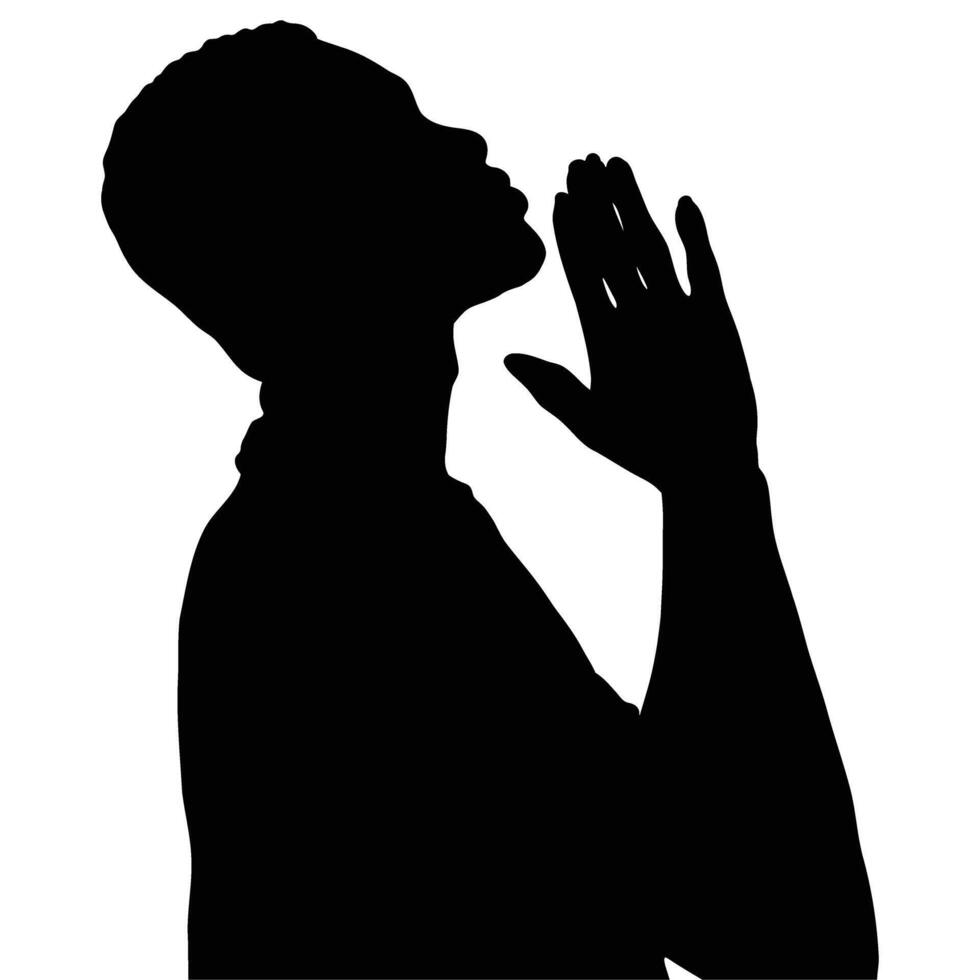 Silhouette of a person praying, head tilted back, hands clasped in supplication. A powerful image of faith and hope. vector