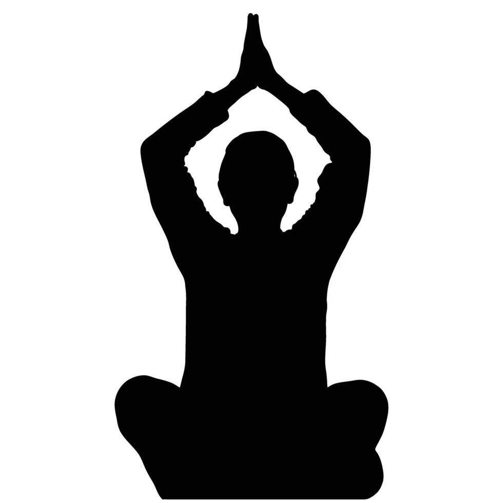 Silhouette of a person meditating, hands in a prayer position, peaceful and serene. vector