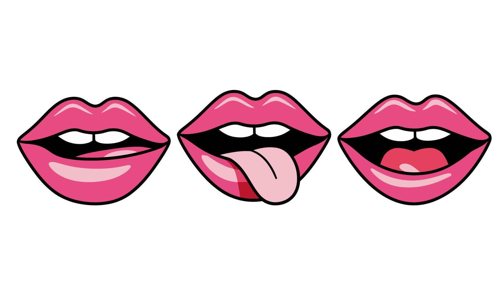 Glossy Pink Lips with Expressions Cartoon Style Open, Licking, and Smiling Lips Icons vector