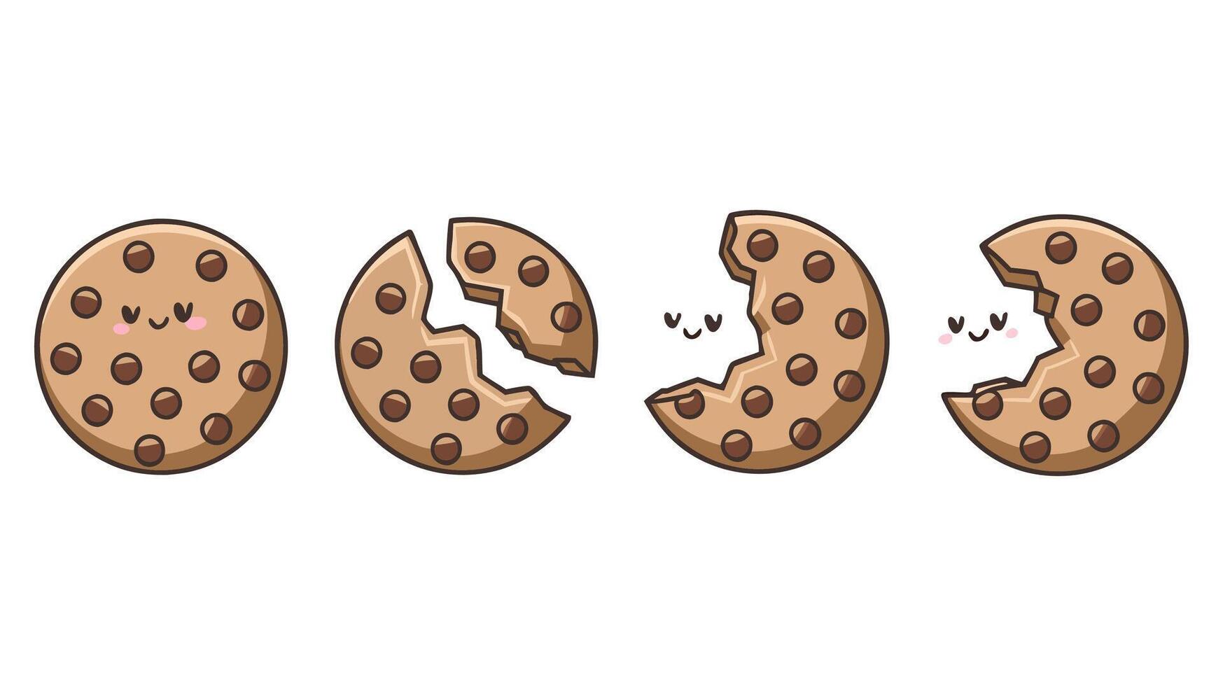 Kawaii Chocolate Chip Cookies in Different States Complete, Half-Broken, and More vector