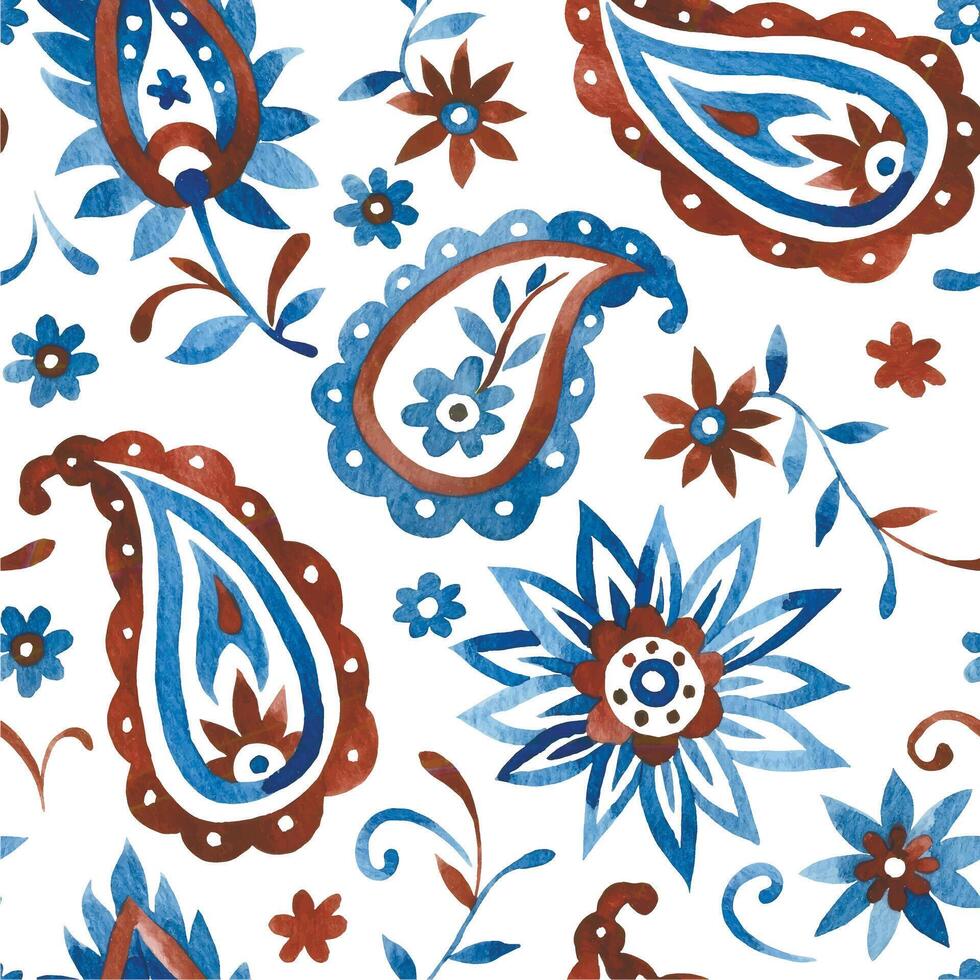 watercolor seamless pattern with oriental paisley in blue and brown color on a white background vector
