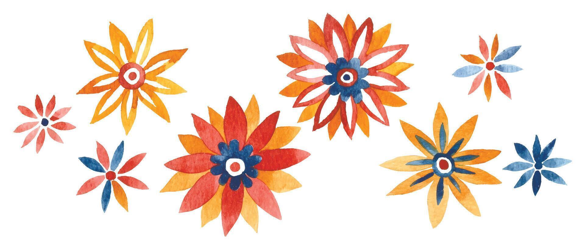 set of abstract watercolor ornaments of graphic flowers. bright red and orange, retro style vector