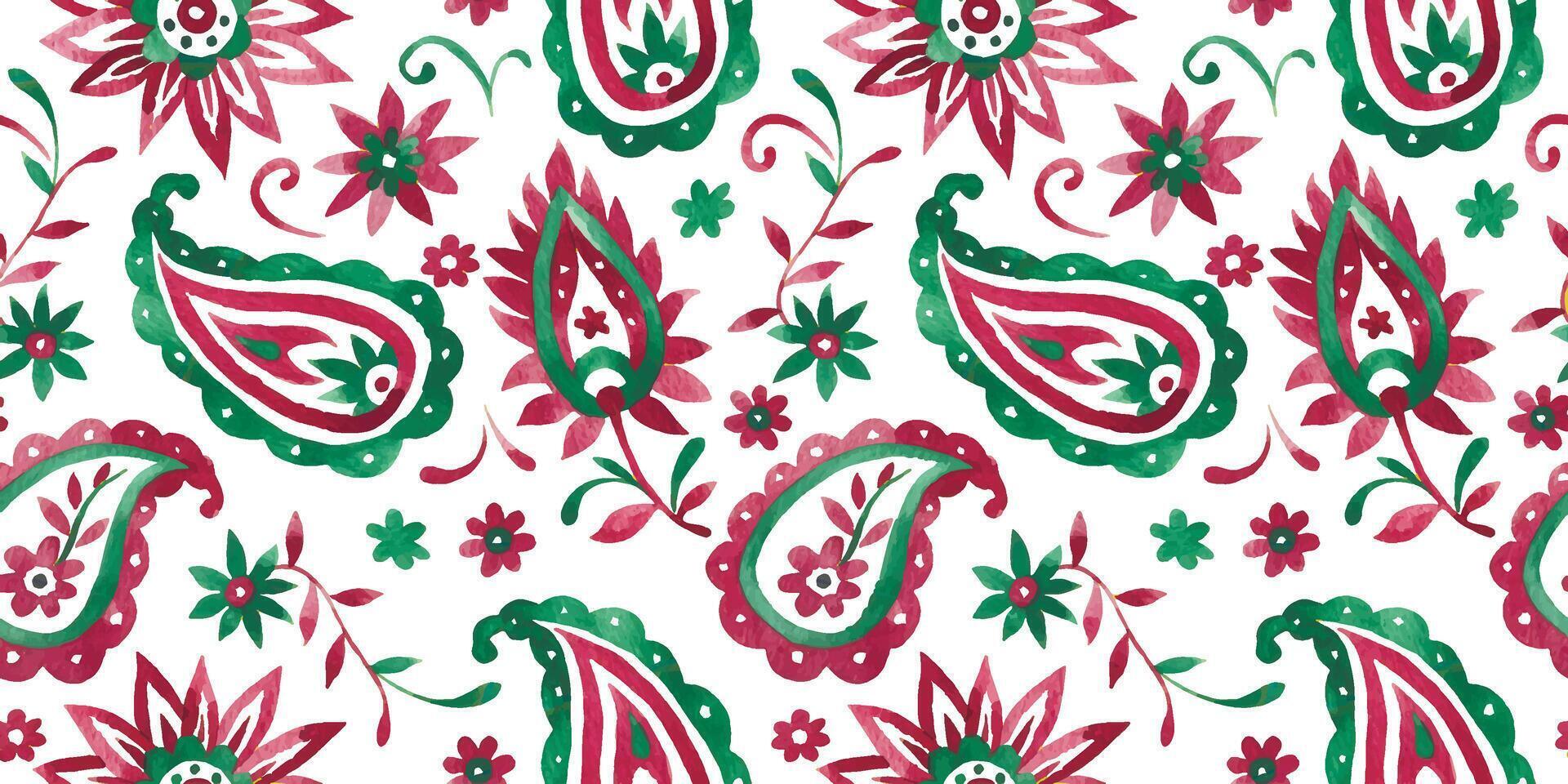 watercolor seamless pattern with oriental paisley in green and pink color on a white background vector