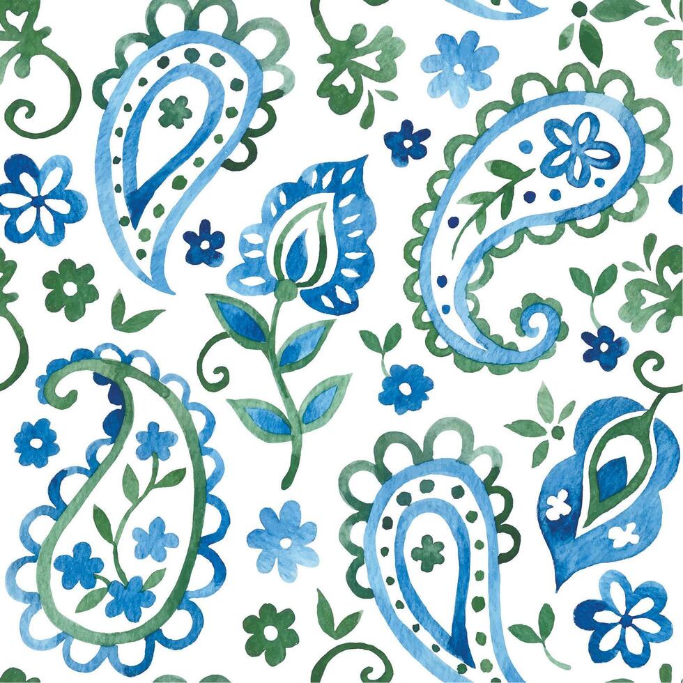 watercolor seamless pattern with oriental paisley in blue and green color on a white background vector