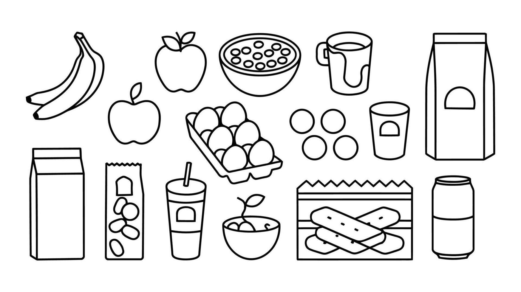 Illustrations of Various Food Items set Including Burgers, Fries, Fruits, Drinks vector