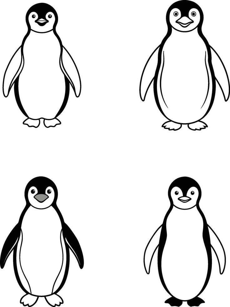 Black and White Penguin Bird Line Art Illustration Set vector