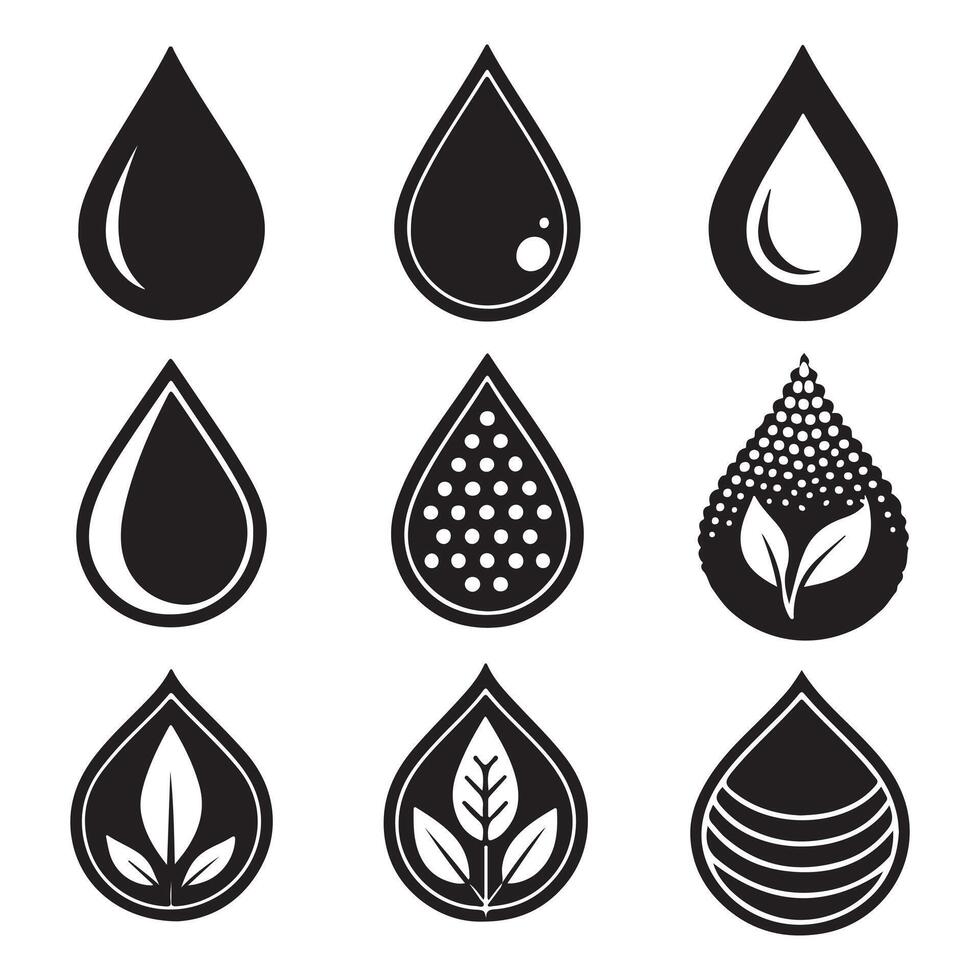 Black droplet and drop silhouettes set vector