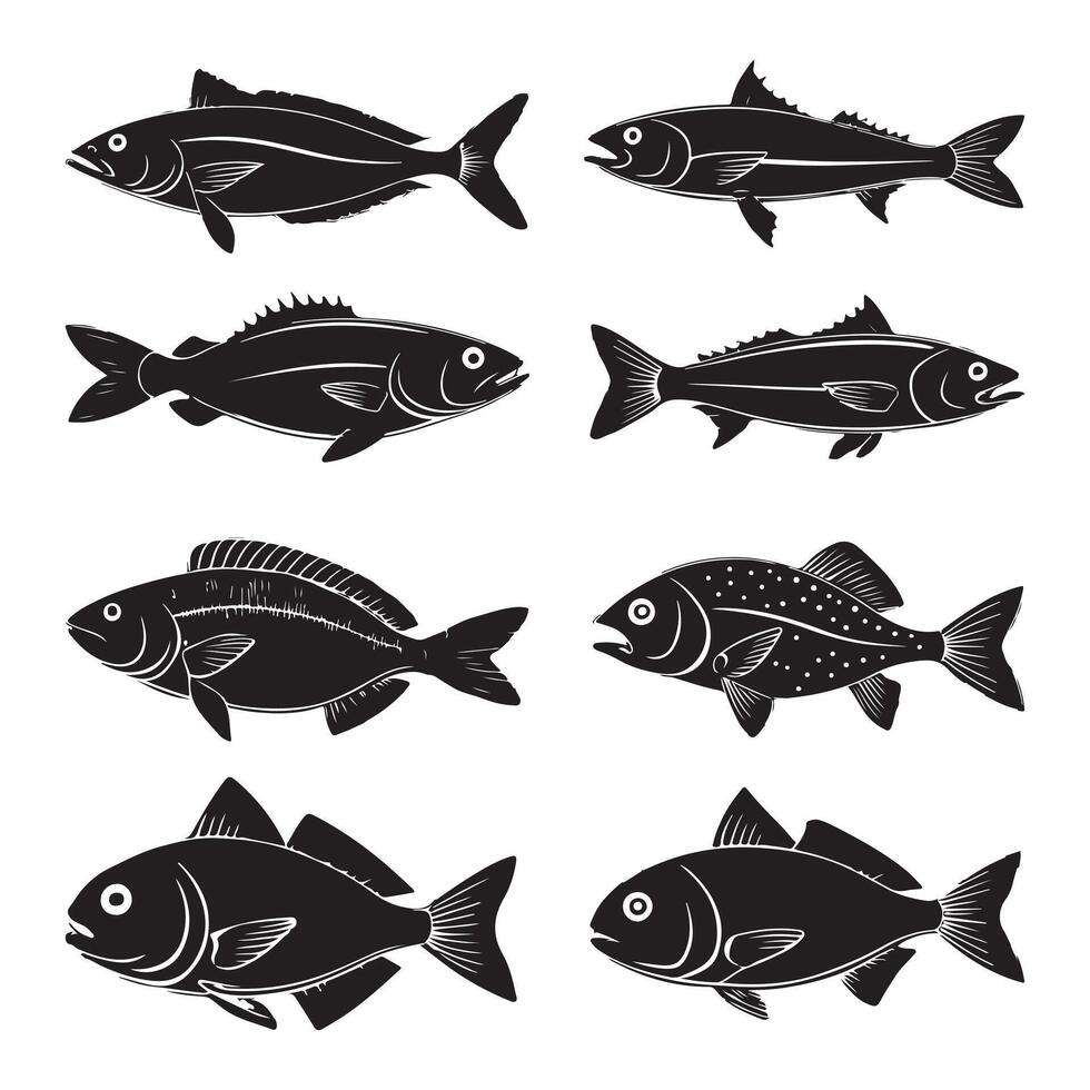 Black Fish Silhouette Icon Set Clipart. vector