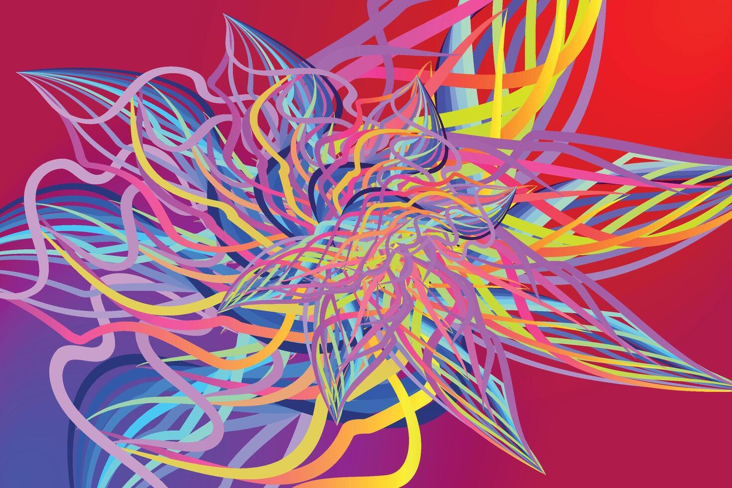 abstract background with colourful flowers, Rainbow Spiral Bloom, abstract flower design with colourful lines, on blue and red gradient background, vector