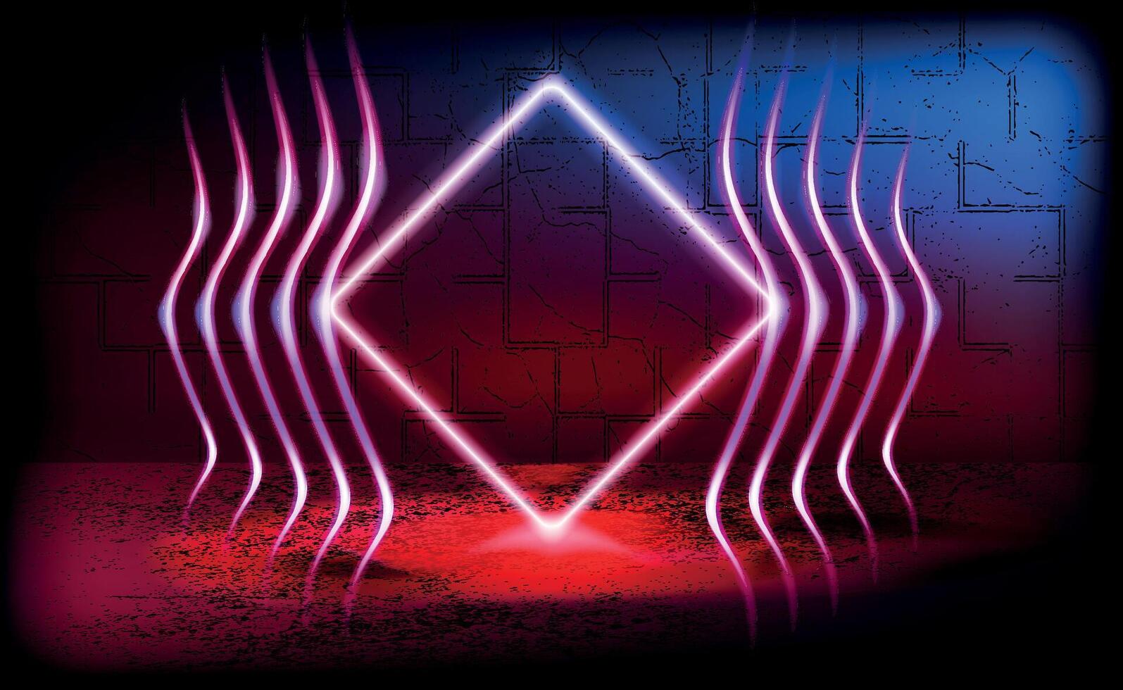 neon sign with a diamond shape and wave line on a dark brick wall neon fire effect background for stage program, abstract background with glowing lines, neon light glowing effect background, vector