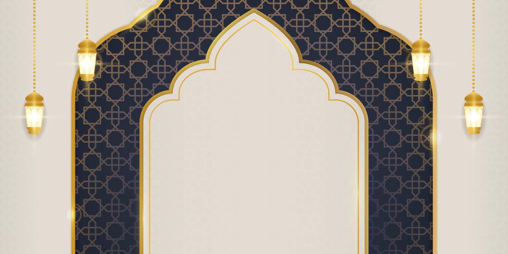 Ramadan Kareem and Eid Al-Adha on white background Islamic template with golden lamp vector