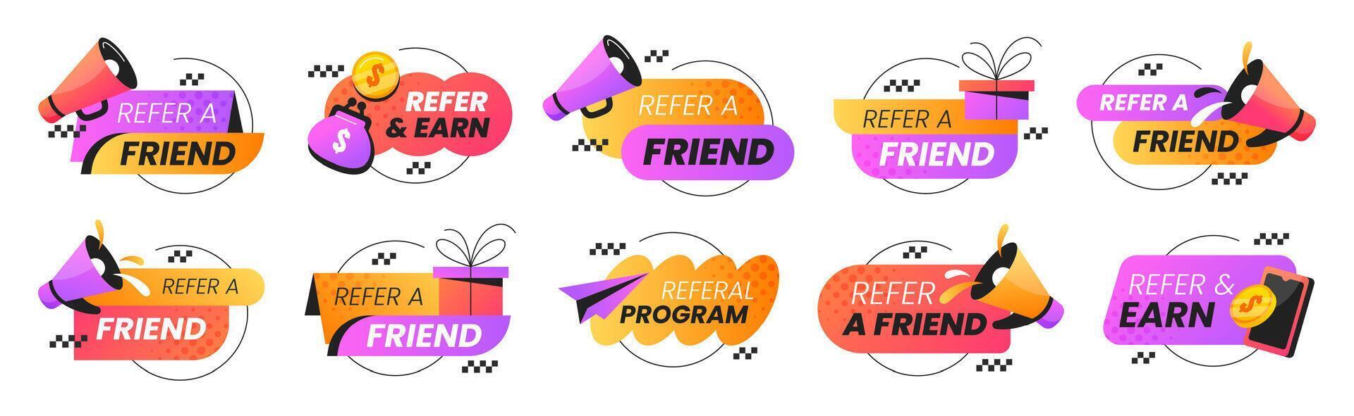 Refer a friend badges set. Employee referral program stickers. Speech bubbles with smartphone, megaphone icons. Marketing design labels, signs for recommendation, business network collaboration vector
