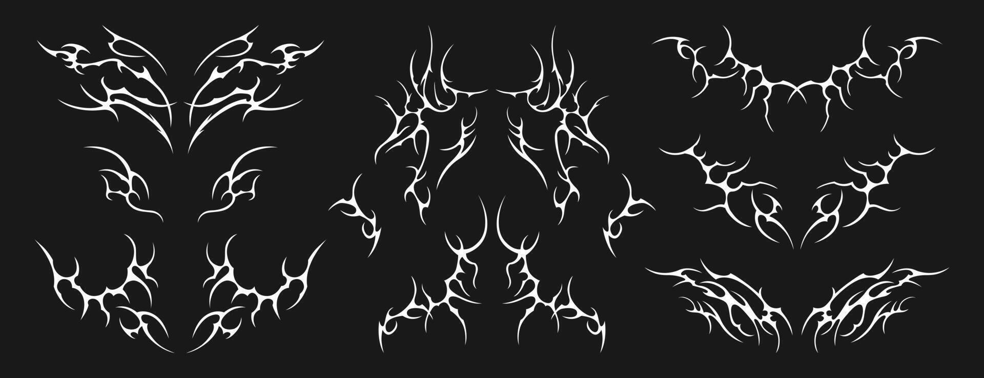 set of neo tribal tattoo. Neotribal gothic butterfly with wings, flame, heart, womb, symmetrical abstract dividers. Cyber sigilism y2k design elements. Celtic gothic body ornaments, emo sticker vector