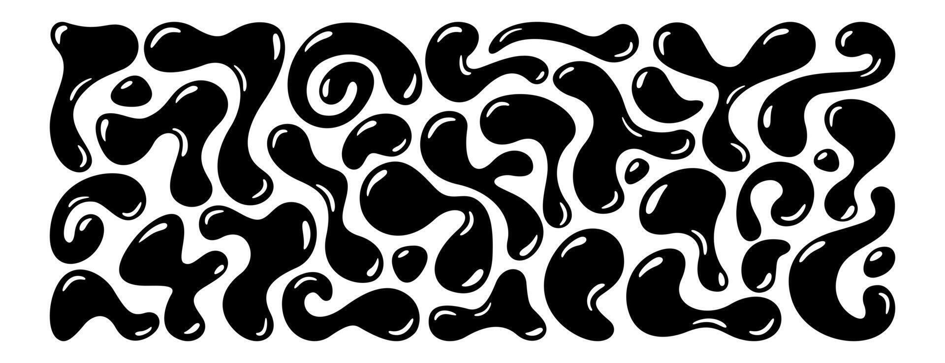 Set of black irregular blobs, random liquid organic drop shapes. Amorphous splodges, asymmetric spots, fluid uneven elements or simple amoeba figures. Abstract glossy smooth forms on white background vector