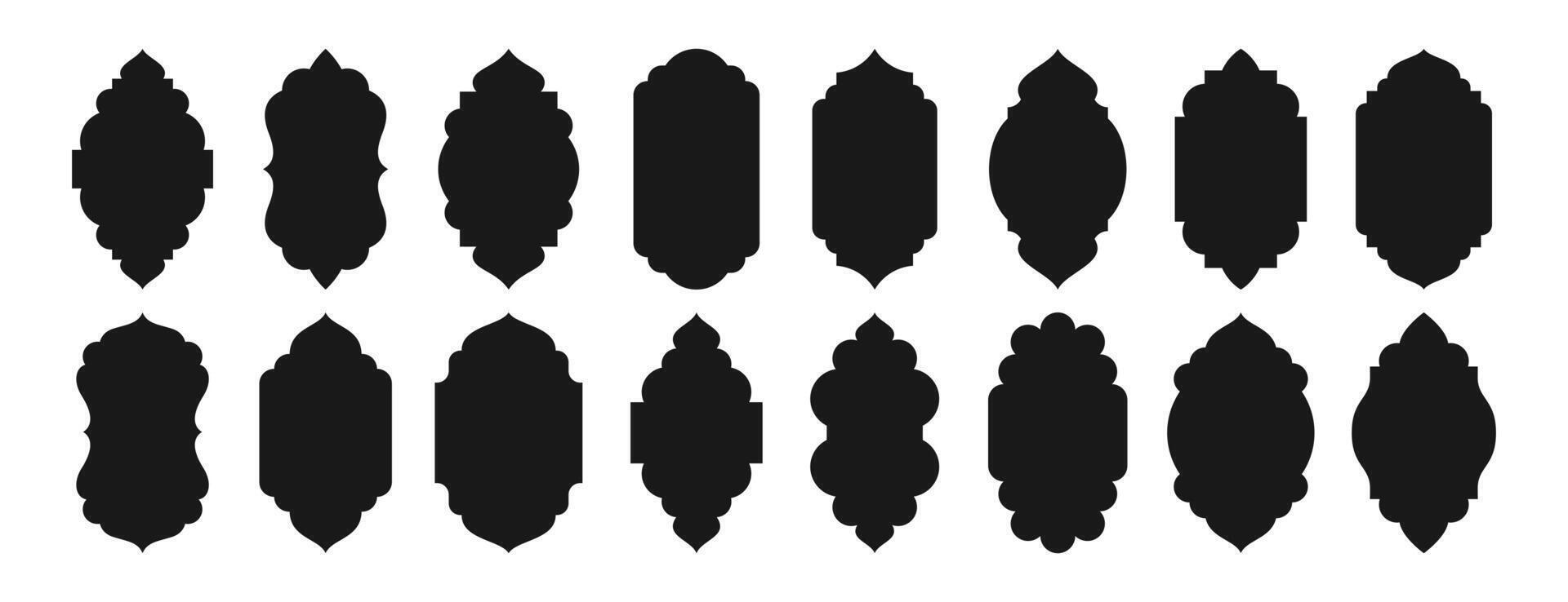 Traditional islamic window shapes in oriental style. Set of black silhouette eid mubarak decorative arches, moroccan gates or mosque borders. Arabic muslim architecture frames, ramadan design elements vector