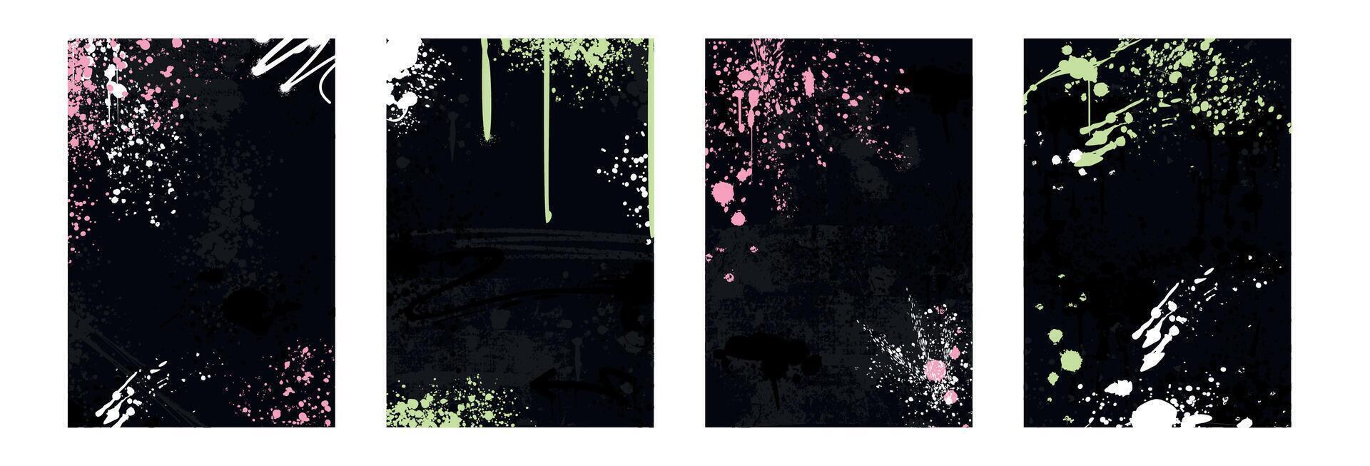 Abstract graffiti borders, rectangle frames with spray paint drops, splatter texture, urban elements and inky drips. set of hand drawn hip hop street art black covers with dirty grunge splashes vector